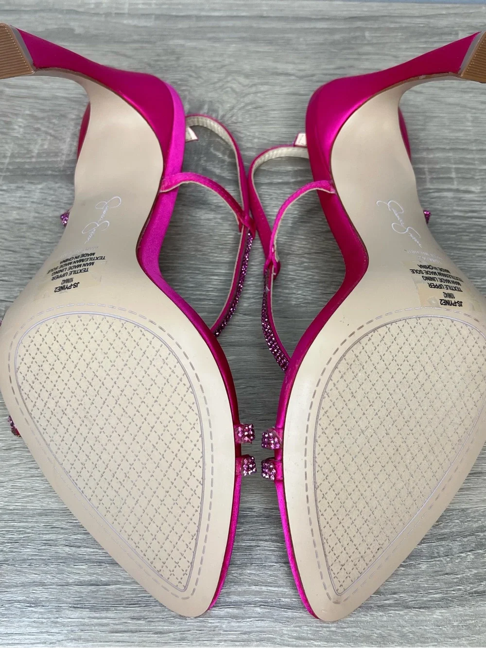 Jessica Simpson Pink Satin Rhinestone Strappy Heels Sz 10 Slingback Sandals 4.5”